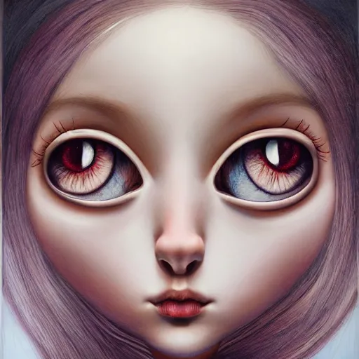 Prompt: hyper detailed portrait painting of a girl with big eyes in the style of artist mark ryden, symmetrical composition, in a landscape