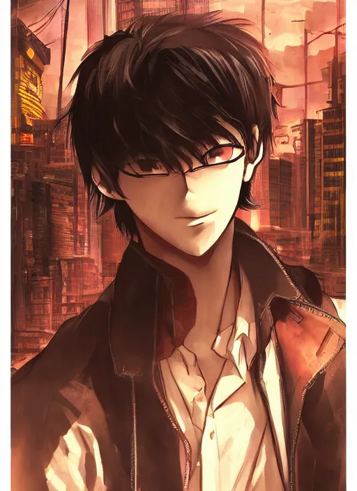 Image similar to manga cover, black-haired short-haired indian teenager wearing a brown jacket, middle-parted hair, intricate cyberpunk city, emotional lighting, character illustration by tatsuki fujimoto