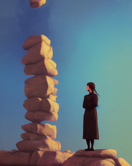 Image similar to a painting of a real woman standing in front of a huge stone statue, a screenshot by stanley twardowicz, cgsociety, aestheticism, aesthetic, vaporwave, anime aesthetic