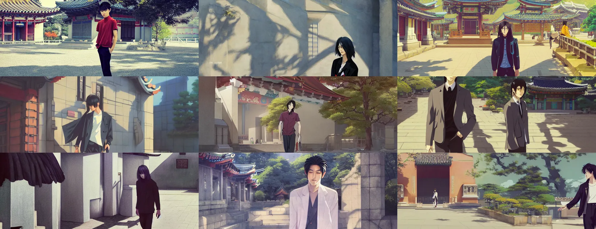 Prompt: a trendy korean male model with long straight hair at a temple on a nice sunny afternoon, strong shadows, overexposed sunlight, a screenshot by krenz cushart, pixiv contest winner, action painting, 2d game art, official art, award-winning, art by Studio Ghibli, by Chris Moore, high details