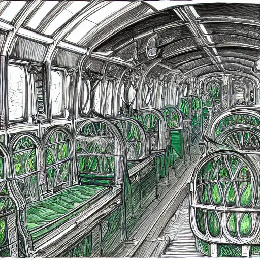 Image similar to annotated highly, detailed and intricate, sketch of the inside of a carriage cabin full of green green green plants, marker concept art style rendering, concept art, half blueprint, trending on artstation, intricate details, center frame, annotations