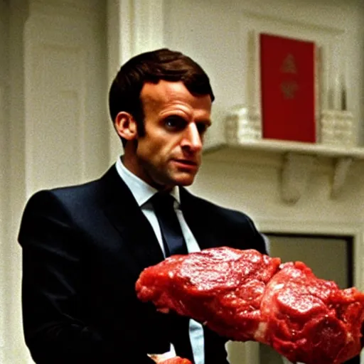 Image similar to Emmanuel Macron cooking fresh bloody meat in American Psycho (1999)