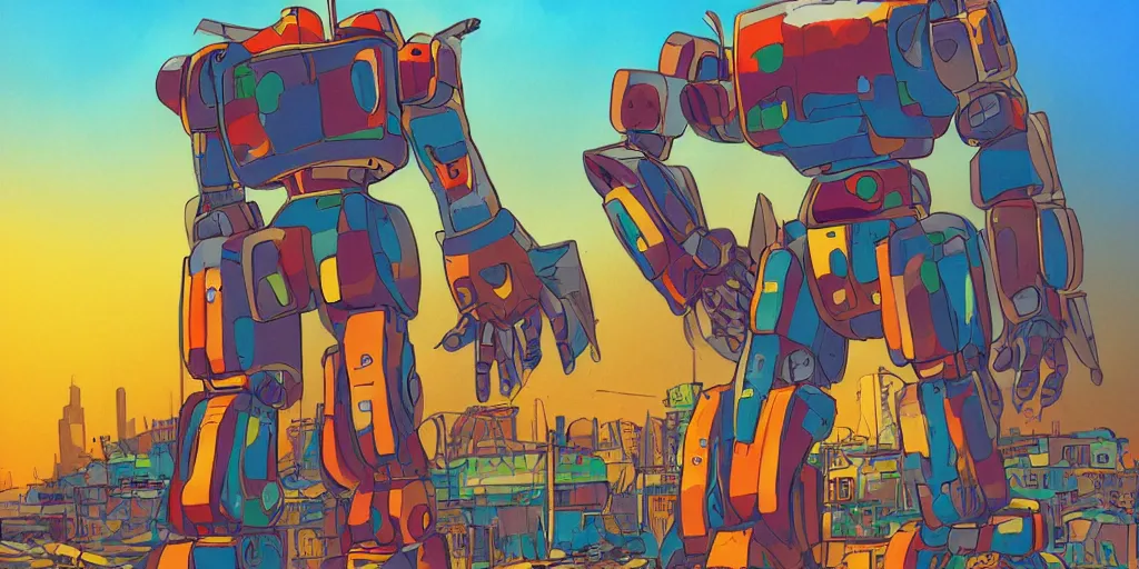 Image similar to colourful - damaged - giant mecha ROBOT of AJEGUNLE SLUMS of Lagos, markings on robot, Golden Hour, in the style of studio Ghibli,