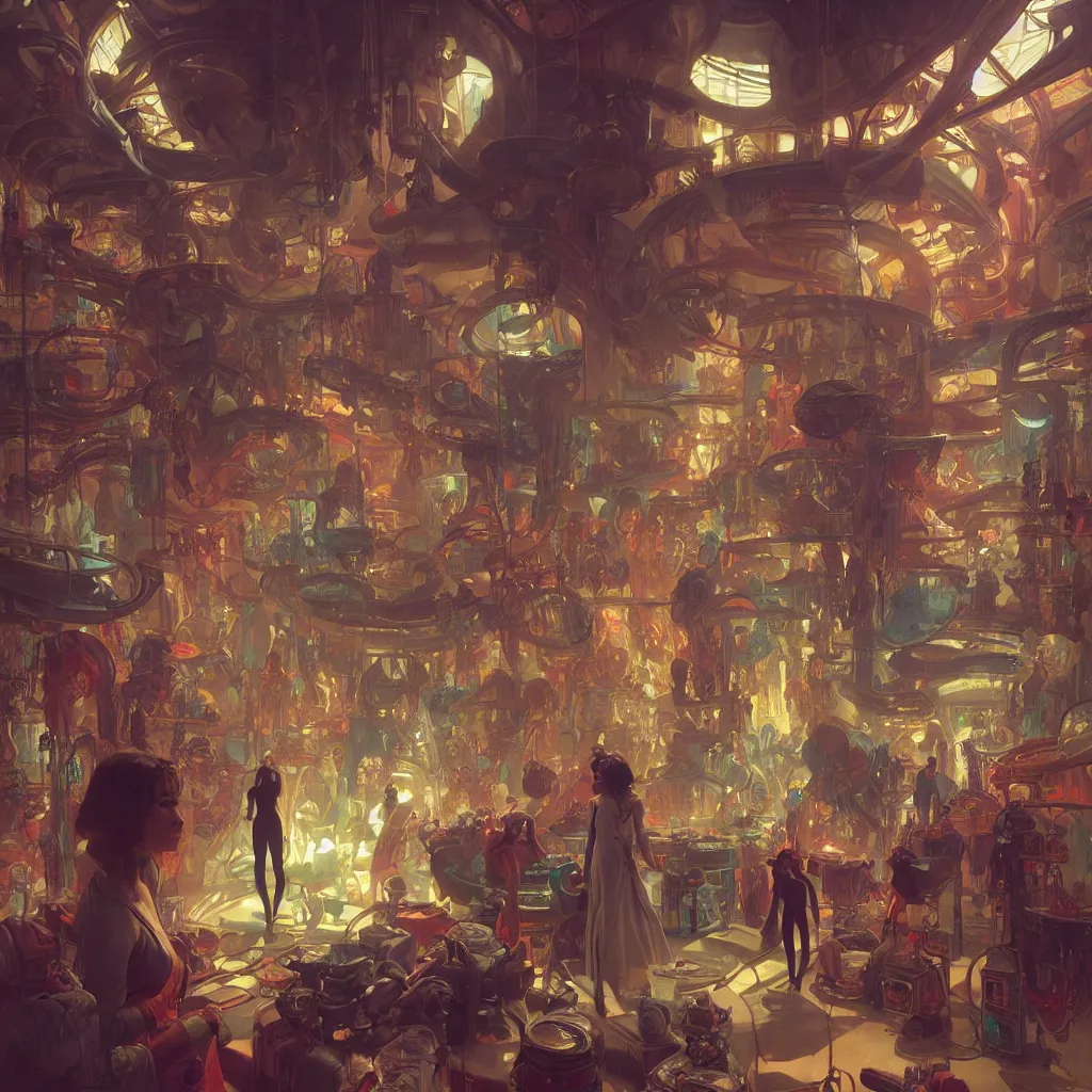 Image similar to ! dream inside a dimly lit futuristic toystore. highly detailed, digital painting, artstation, concept art, matte, sharp focus, illustration, art by artgerm and greg rutkowski and alphonse mucha