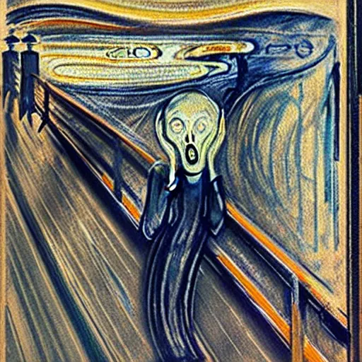 Image similar to the scream with a hat and raining on top of a hill