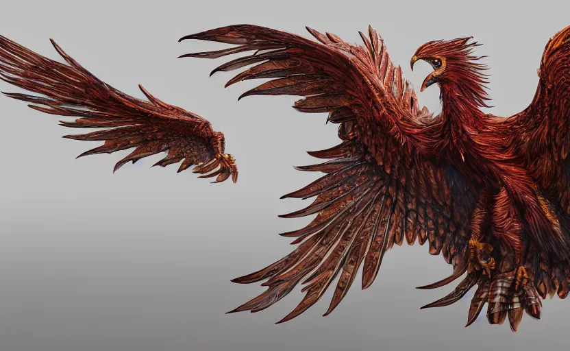 Image similar to Intricate detailed photo of dramatic phoenix bird with spread wings by James Gurney, unreal engine, Trending on artstation.