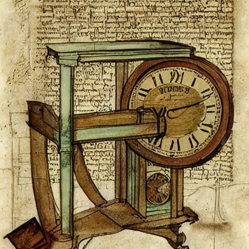 Image similar to vintage, detailed, colored sketch of time machine instruction, all parts, with full descriptions, on old parchment, by leonardo da vinci