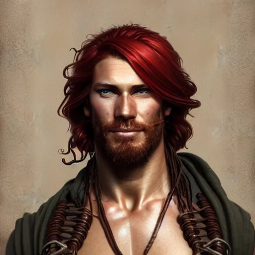 Image similar to portrait of a young ruggedly handsome but joyful pirate, male, masculine, upper body, red hair, long hair, d & d, fantasy, intricate, elegant, highly detailed, digital painting, artstation, concept art, matte, sharp focus, illustration, art by artgerm and greg rutkowski and alphonse mucha