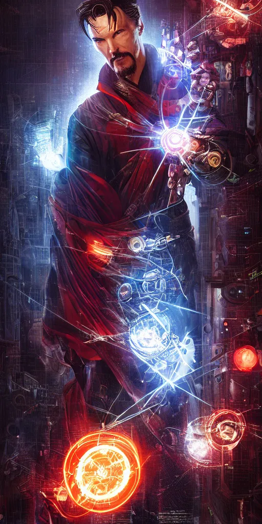 Image similar to cyberpunk, dr strange, photograph, cyborg, robot,, cinematic,