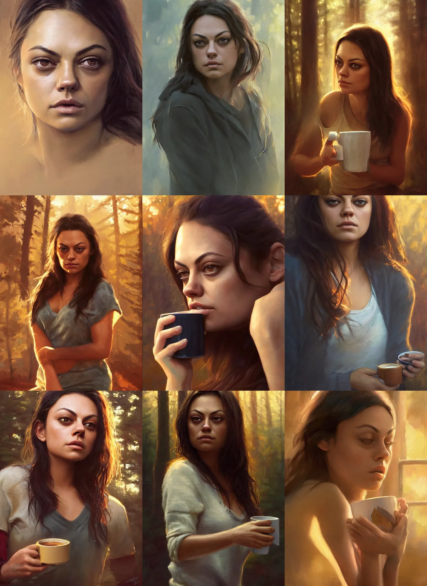 Prompt: close portrait of sleepy mila kunis waking up with coffee, dramatic light, morning golden hour, forest cabin background, 2 0 0 mm focal length, painted by stanley lau, painted by greg rutkowski, painted by stanley artgerm, digital art, trending on artstation