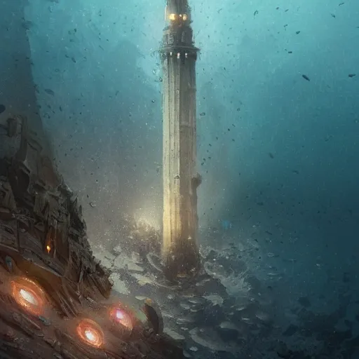 Prompt: the tower of hercules at the bottom of the sea, under water, greg rutkowski, 8 k, shallow depth of field, intricate detail, concept art,