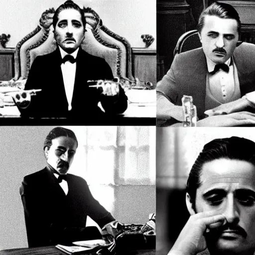 Prompt: scene from the godfather with the godfather seated at his desk. cinematic, photorealistic, realistic faces