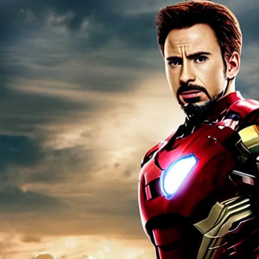 Image similar to promotional image of Chris Evans as Iron Man in Iron Man（2008）, he wears Iron Man armor without his face, movie still frame, promotional image, imax 70 mm footage