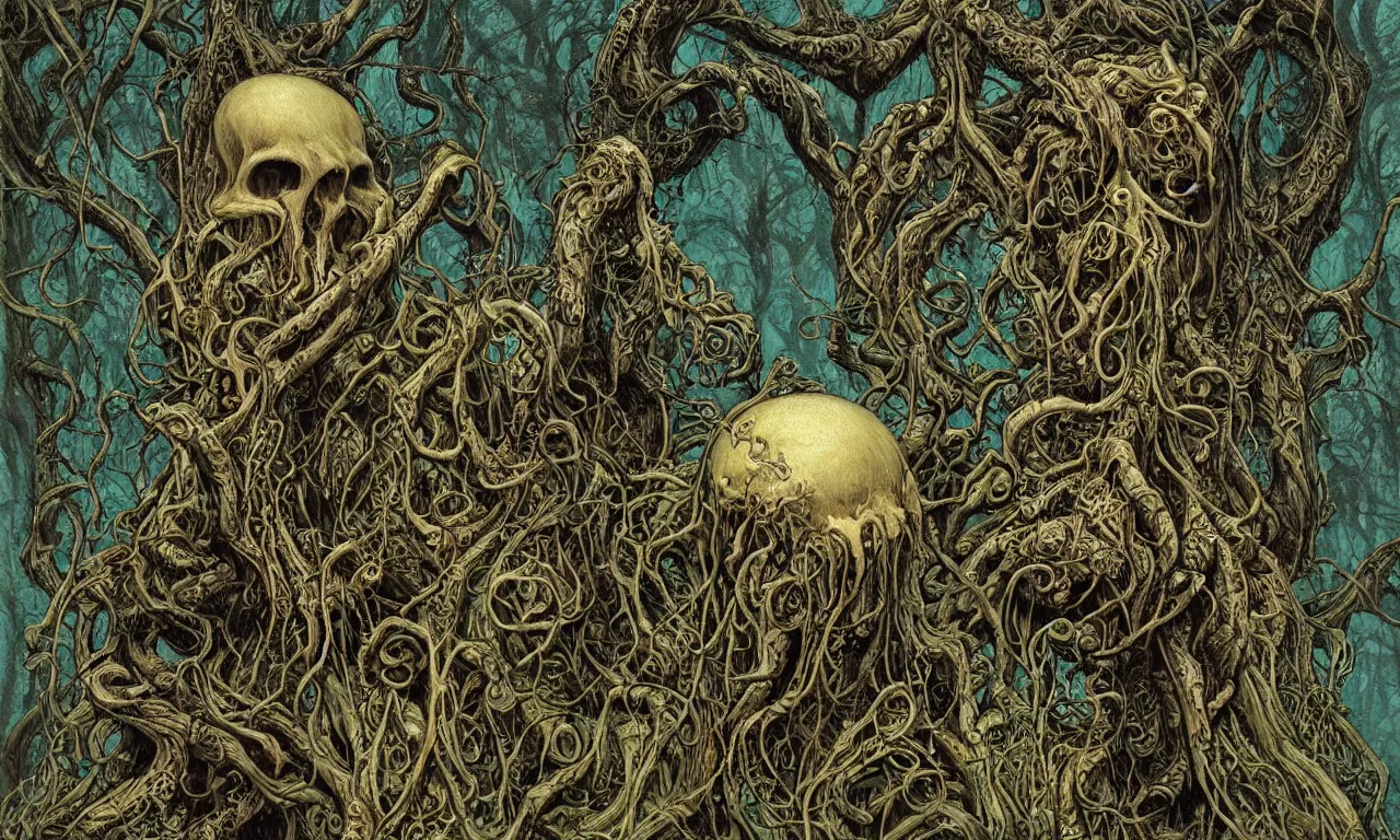 Prompt: hyperdetailed art nouveau portrait of treebeard as a cthulhu eyeball skull chimera, by tim hildebrandt, simon bisley, and bill sienkiewicz, grim yet sparkling atmosphere, photorealism, night in the forest, swamp, vines, terror, wild, crazy, scary, horror, lynn varley, lovern kindzierski, steve oliff