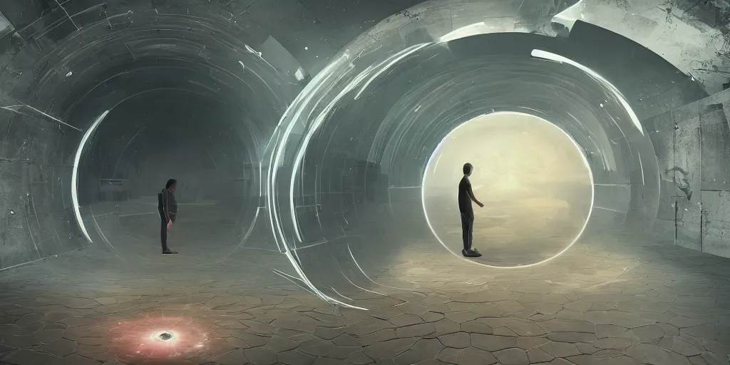 Prompt: guy standing in spinning portal where he can see himself in the future, trippy, weird, artstation, realistic, moody