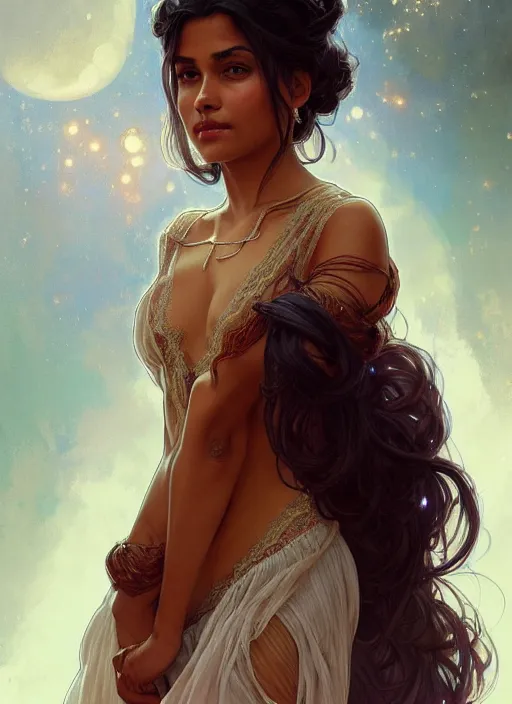 Image similar to cute brown woman wearing a transparent night gown, fantasy, intricate, highly detailed, digital painting, artstation, concept art, wallpaper, smooth, sharp focus, illustration, art by artgerm and greg rutkowski and alphonse mucha