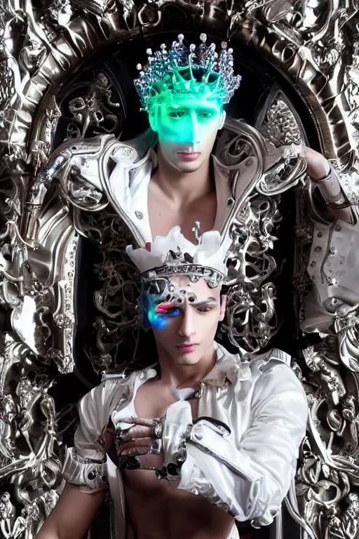 Image similar to full-body rococo and cyberpunk style neon statue of a muscular attractive Zayn Malik macho dotado e rico android sim roupa reclining con las piernas abertas e la piroca dura, glowing white lasers, glowing eyes, silver prince crown, silver steampunk gears, white diamonds, swirling mint-colored silk fabric. futuristic elements. ethereal white dripping tar. full-length view. space robots. human skulls. intricate artwork by caravaggio. Trending on artstation, octane render, cinematic lighting from the right, hyper realism, octane render, 8k, depth of field, 3D