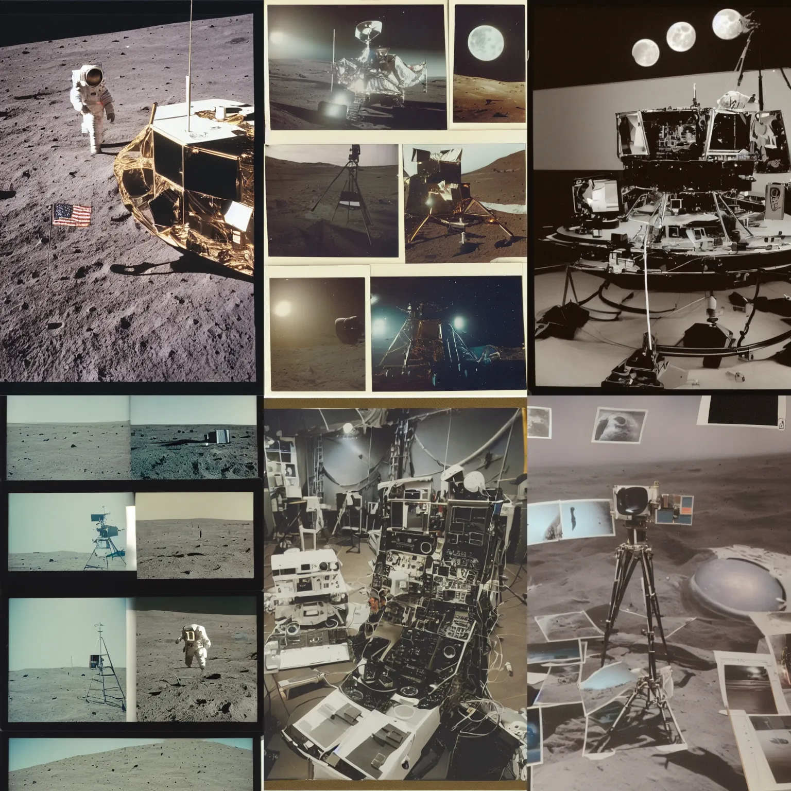 Prompt: polaroids of the set where they faked the moon landing, behind the scenes, high quality