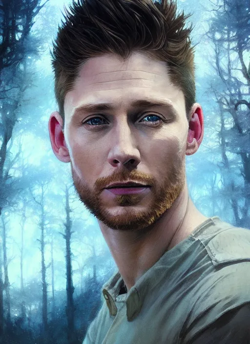 Image similar to Highly detailed portrait of Jensen Ackles mixed with Tom Hiddleston, Stephen Bliss, unreal engine, fantasy art by Greg Rutkowski, Loish, Rhads, ferdinand knab, Makoto Shinkai and Lois van baarle, ilya kuvshinov, rossdraws, Tom Bagshaw, alphonse mucha, global illumination, radiant light, detailed and intricate environment