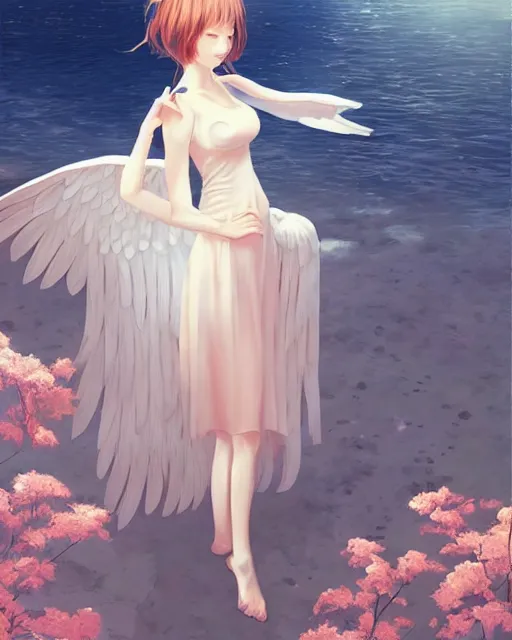 Image similar to infinitely detailed full - body portrait pale female peaceful dream angel wearing elegant clothes. beautiful! scenery art! by wlop & murata range, by ilya kuvshinov. artstation!! / pixiv!!