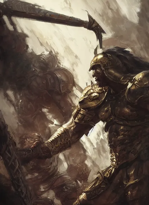 Image similar to ancient historically accurate depiction of the Bible Character Goliath of Gath, the Philistine warrior giant in ancient persian chainmail armor, dramatic lighting art by Yoji Shinkawa by Richard Schmid by greg rutkowski by Sandra Chevrier by Jeremy Lipking cinematic dramatic