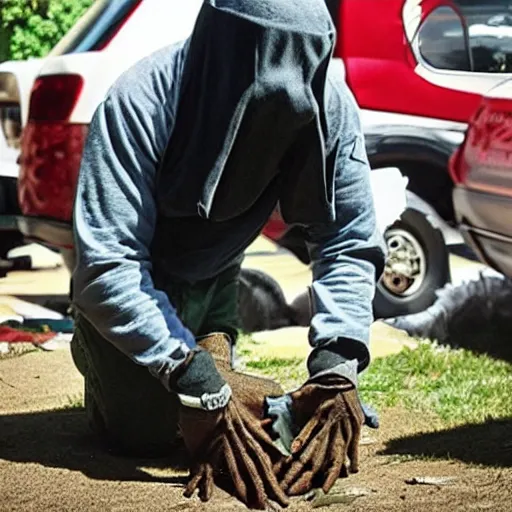 Image similar to rapper MF DOOM seen crawling out of his grave sporting his iconic mask