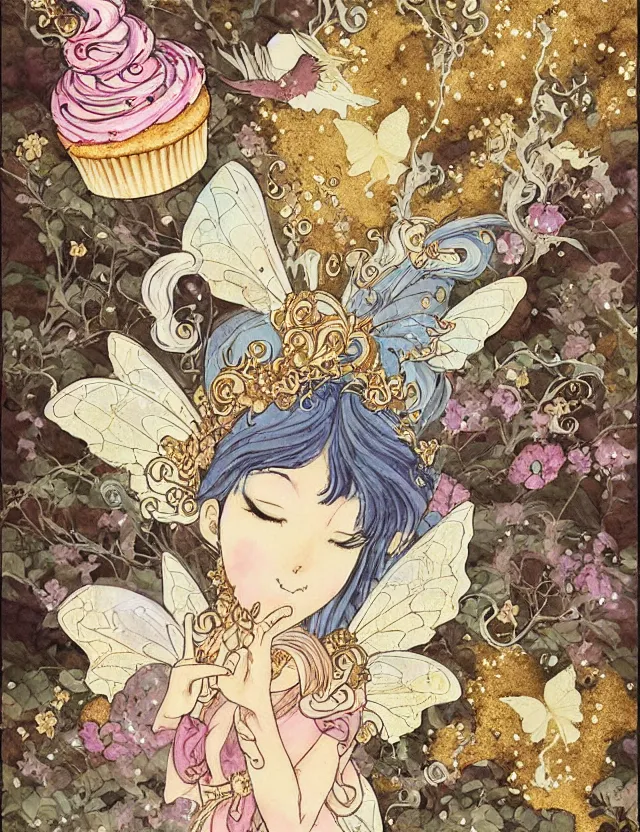 Image similar to faerie spirit of cupcakes, lost in the mountains. this watercolor and gold leaf work by the award - winning mangaka has a beautiful composition and intricate details.