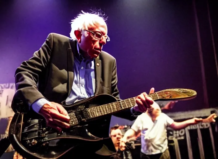 Image similar to publicity photo still of bernie sanders in a death metal band playing live on stage, 8 k, live concert lighting, mid shot