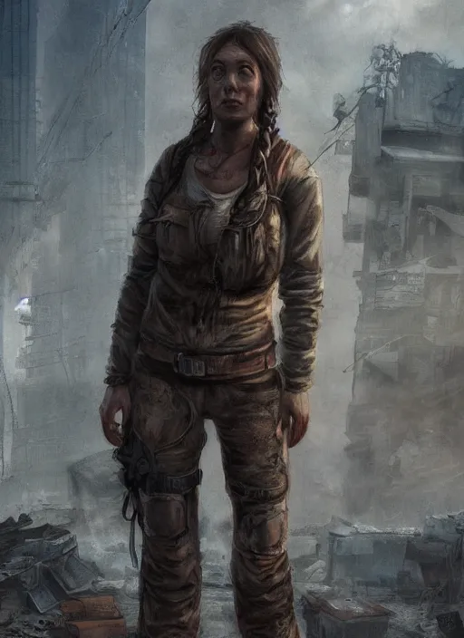 Image similar to portrait of a survivalist woman in a post apocalyptic city at dawn, beautiful digital concept art trending on artstation by senior concept artist, ultra - realistic intricate high details, cinematic lighting