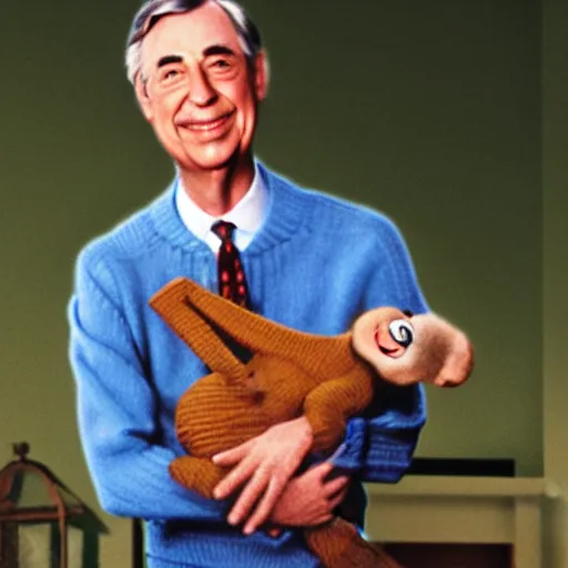 Prompt: photorealistic Mr. Rogers holding Chucky