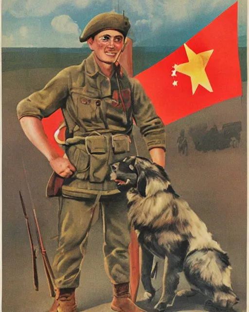 Image similar to soviet propaganda poster of an australian shepherd soldier, soviet art