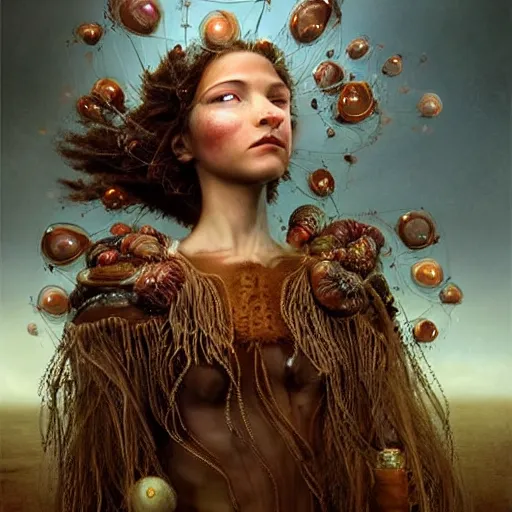 Prompt: brown woman wearing an armor made of jellyfishes. super detailed. layered. textured. award winning. refracted lighting. soft. fragile. by ray caesar. by louise dahl - wolfe. by andrea kowch. by tom bagshaw. surreal photography