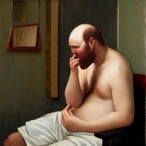Image similar to a middle aged balding man with a full short beard in a tiny hotel room, depressed, stressed, extremely drunk and surrounded by empty beer cans. Renaissance oil painting.