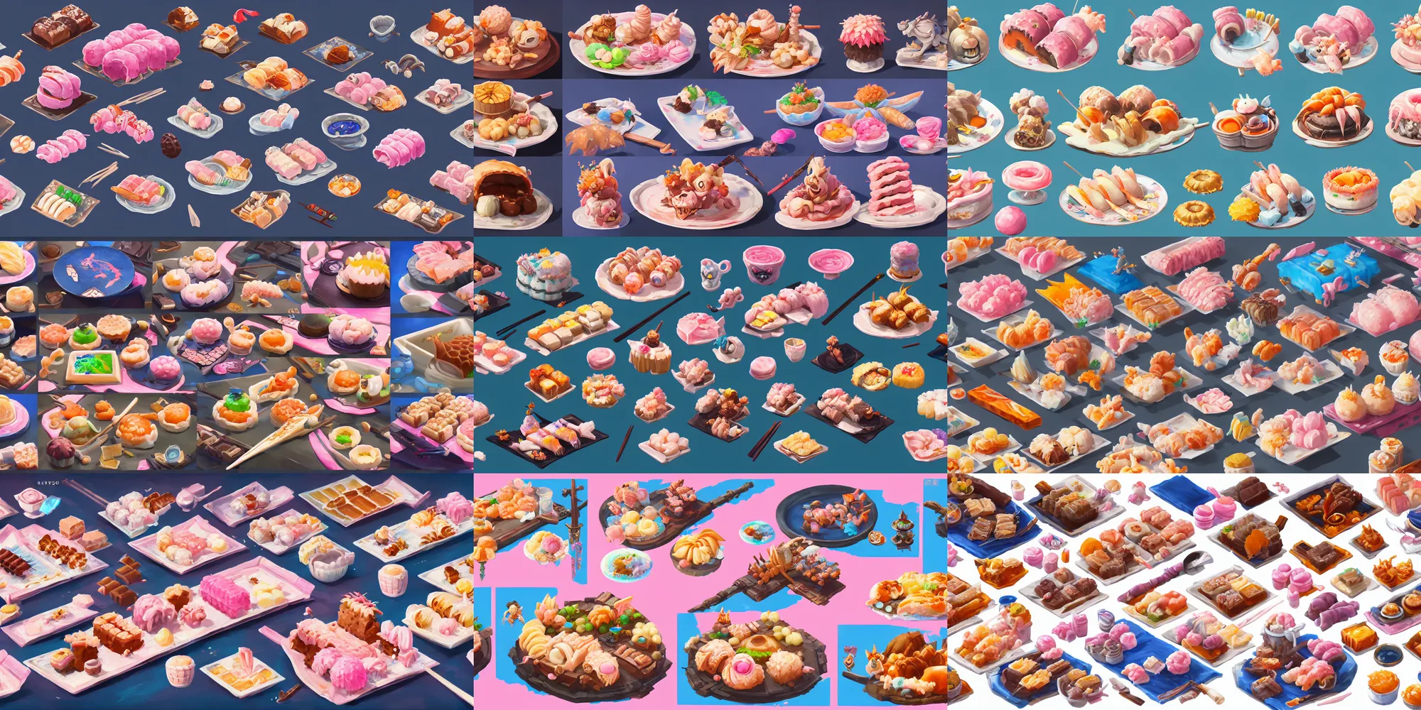 Prompt: game asset of close up japanese food cakes and desserts, insanely detailed, in gouache detailed paintings, props, stylized, 2 d sprites, kitbash, arcane, overwatch, blue and pink color scheme, 8 k, close up