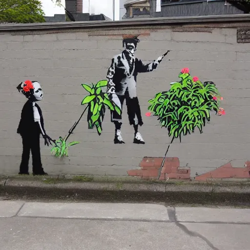 Prompt: a banksy mural of bill and ben the flowerpot men