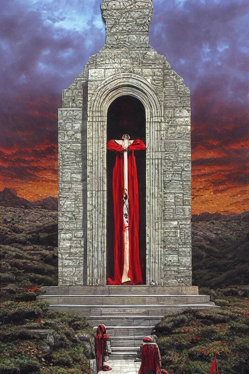 Image similar to Artwork by Ted Nasmith of the cinematic view of the Cenotaph of Ever-changing Blasphemy.