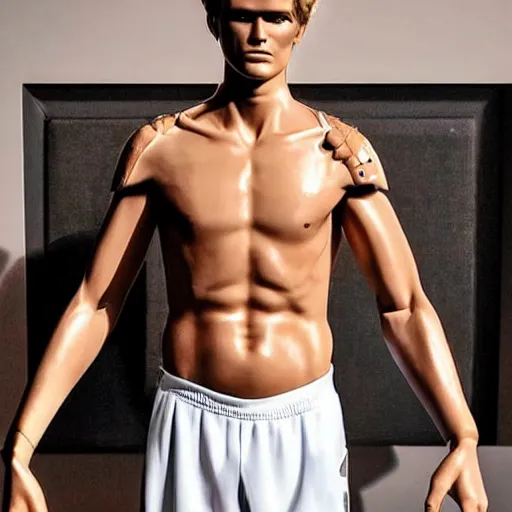 Image similar to a realistic detailed photo of a guy who is an attractive humanoid who is half robot and half humanoid, who is a male android, soccer player martin ødegaard, shiny skin, posing like a statue, blank stare, in a living room, on display, showing off his muscles