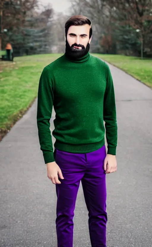 Prompt: a young man with a chin - style dark brown beard without mustache in a dark black cap, green turtleneck, purple pants and super white sneakers in full height, perfect face, without mustache, mark vanderloo face, photography masterpiece