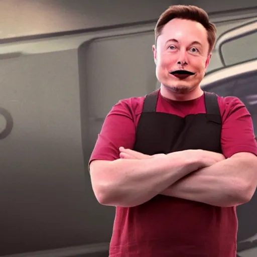 Prompt: A still of Elon Musk as Mario from Mario Bros. Moustache