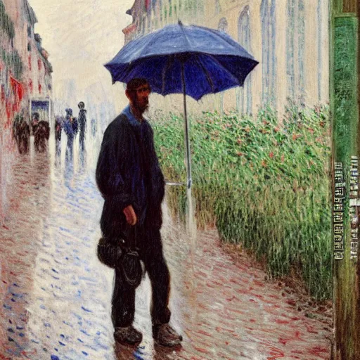 Image similar to painting of a guy with white hoodie and headphones at a bus stop in genoa rainy day by monet