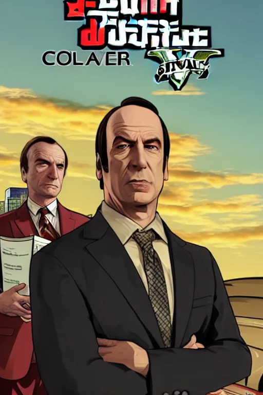 Image similar to GTA V cover art based on Better Call Saul, starring Saul Goodman, Bob Odenkirk