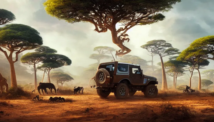 Image similar to mahindra thar driving through madagascar road with baobabs trees, animals running along, tribe members attacking, action scene, an epic fantasy, wide shot, trending on artstation, masterpiece, by greg rutkowski, by ross tran, by fenghua zhong, octane, soft render, ultrarealistic, colorful, cinematic, horizon forbidden west