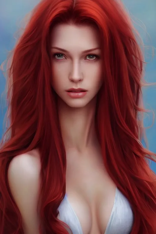 Image similar to a gorgeous female with long red hair in the style of stefan kostic, realistic, full body, sharp focus, 8 k high definition, insanely detailed, intricate, elegant, art by stanley lau and artgerm