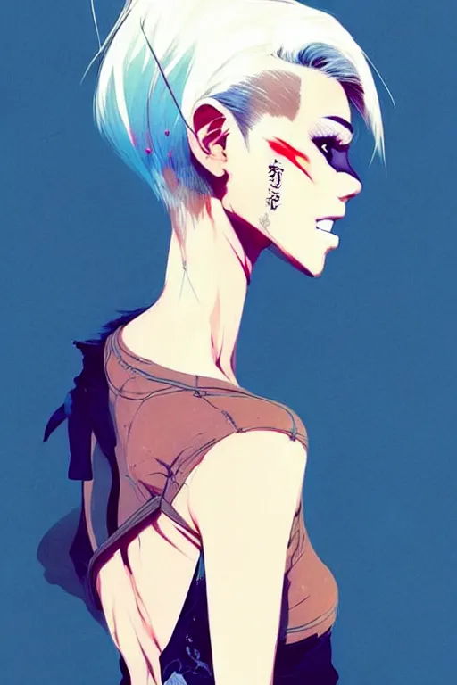 Image similar to a ultradetailed beautiful back painting of a stylish woman with white hair in a short pony tail, she is wearing jeans, by conrad roset, greg rutkowski and makoto shinkai trending on artstation