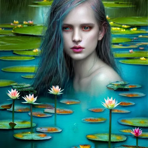 Image similar to light teal portrait in the rain on pond with waterlilies, fantasy, intricate, elegant, dramatic lighting, emotionally evoking symbolic metaphor, highly detailed, lifelike, photorealistic, digital painting, artstation, concept art, smooth, sharp focus, illustration, art by John Collier and Albert Aublet and Krenz Cushart and Artem Demura and Alphonse Mucha