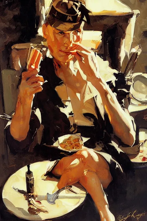 Image similar to report of the week food review painting by jc leyendecker!! phil hale!, angular, brush strokes, painterly, vintage, crisp