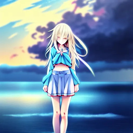 Image similar to a very beautiful anime cute girl, full body, long wavy blond hair, sky blue eyes, full round face, short smile, fancy top, miniskirt, front view, summer lake setting, storm weather, cinematic lightning, medium shot, mid-shot, highly detailed, cinematic wallpaper by Stanley Artgerm Lau