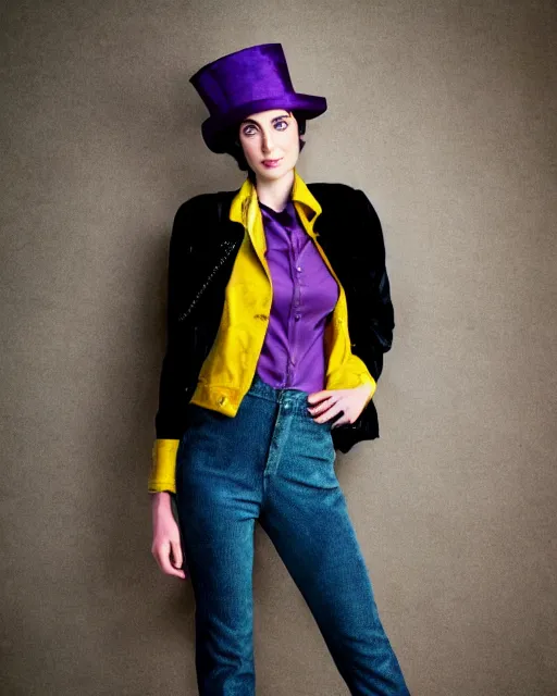 Prompt: photorealistic portrait headshot photos of kristen ritter wearing a yellow leather jacket, green corduroy pants, a red silk blouse, and purple velvet top hat on her head, photoshoot in the style of annie leibovitz, photorealistic, bokeh