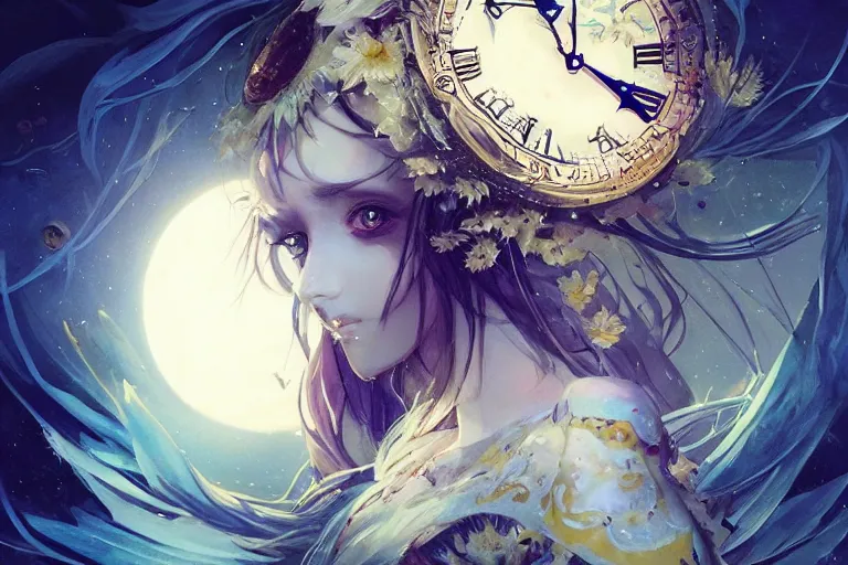 Prompt: close up picture of a extremely beautiful and aesthetic and cute girl with dress made of lunar and clock, many lunarpunk and clockpunk mixed mechs, moon light, sharp focus, highly detailed face, specular reflection, epic light novel cover art, fantasy illustration by anato finnstark and lecouffe deharme and peter mohrbacher and quentin mabille