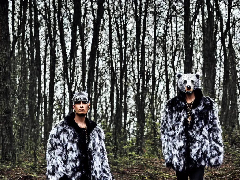 Prompt: versace avant garde oversized jacket arctic fur silver bear necklace textiles streetwear cyberpunk indigenous commanche descendant in the woods overcast late evening dramatic professional color 8 k hdr